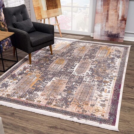 Homeroots 2 x 13 ft. Gray Faded Tribal Motifs Runner Rug 394844